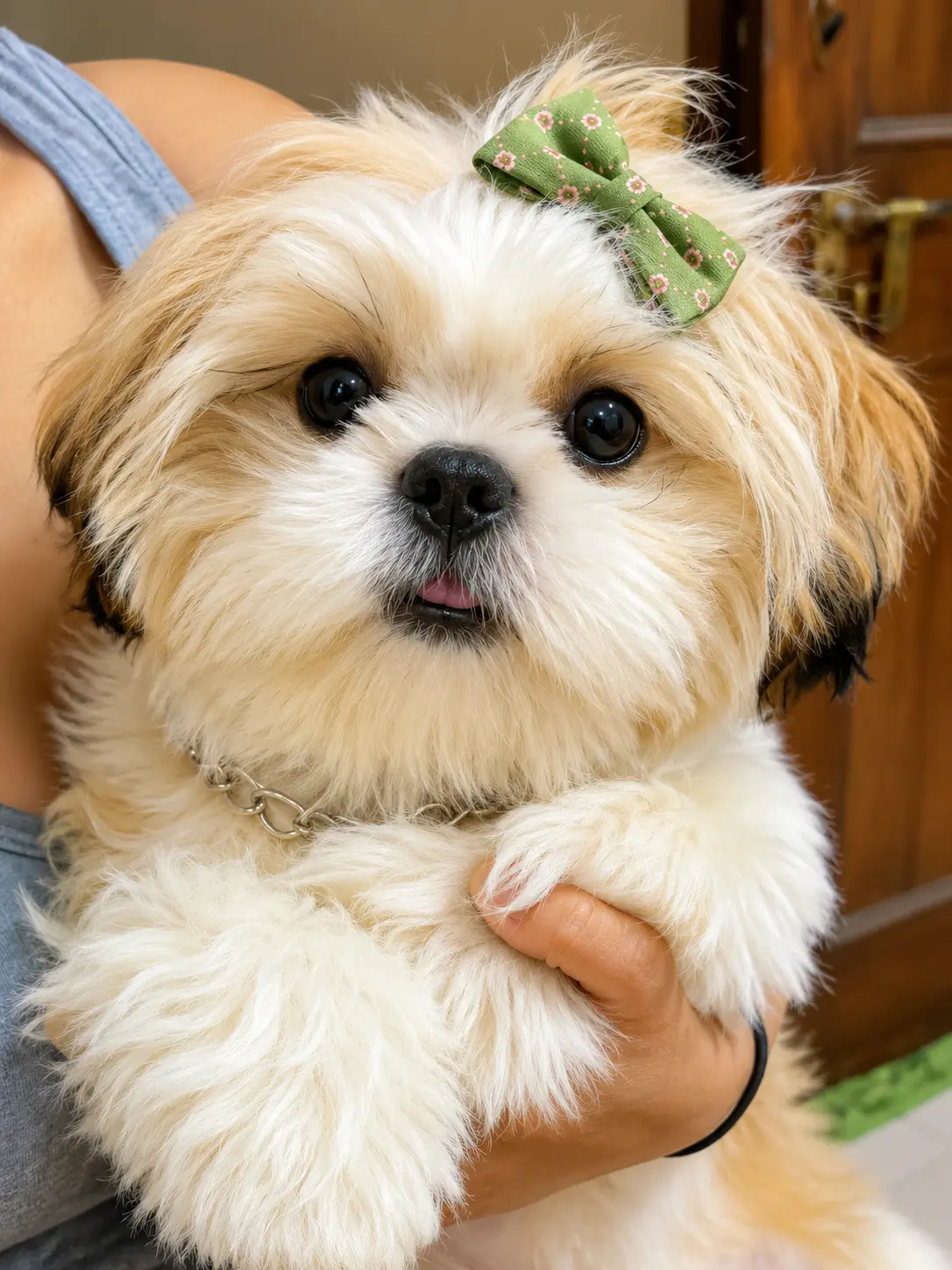 Shih Tzu wearing a green floral bow, portrait kept in the record