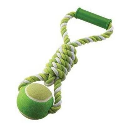 Green rope tug toy with a tennis ball