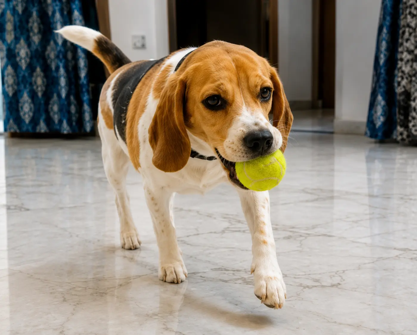Beagle carrying its tennis ball back after a game of fetch