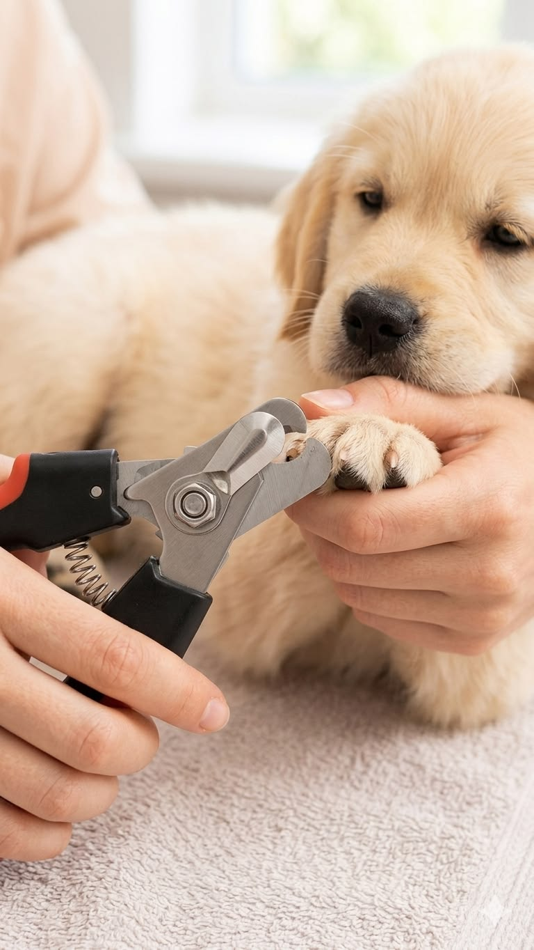 Careful nail trim on a golden retriever puppy