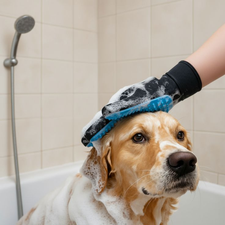 Golden retriever getting a gentle bath