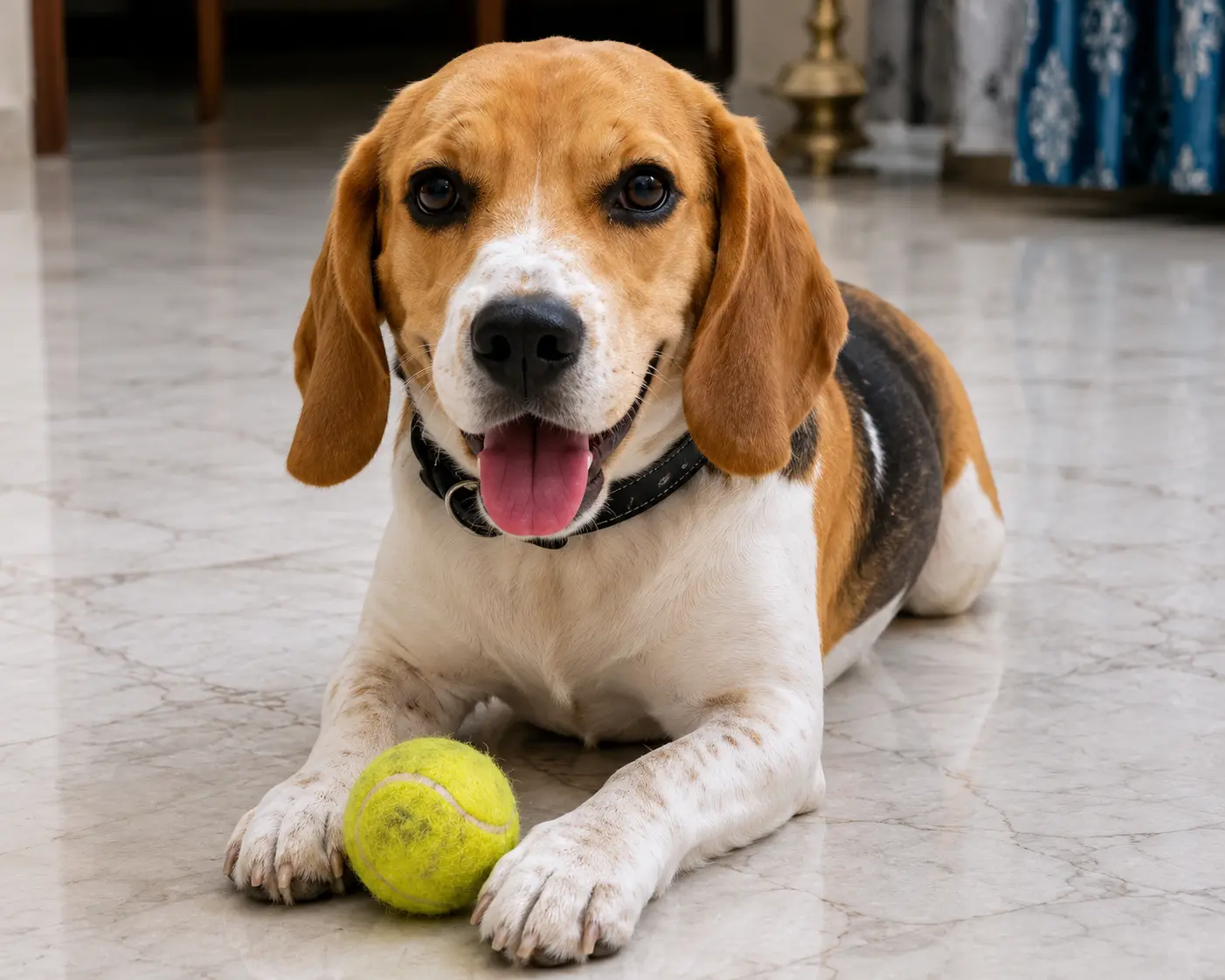 Beagle resting comfortably with its ball after play
