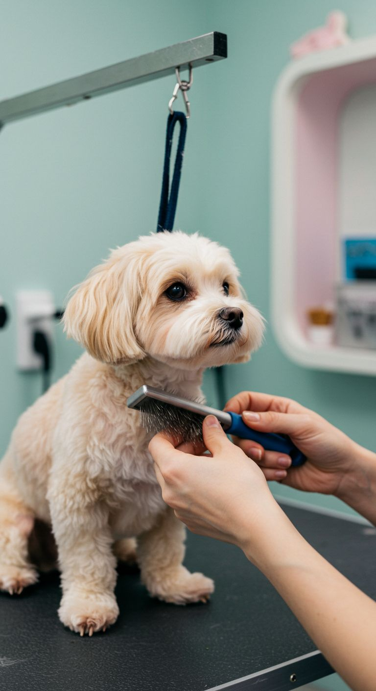 Groomer brushing a small dog on a salon table
