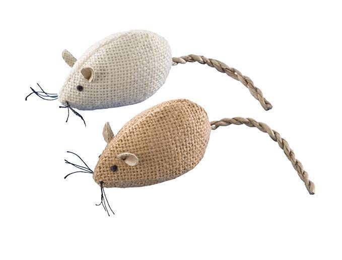 Two burlap mouse cat toys
