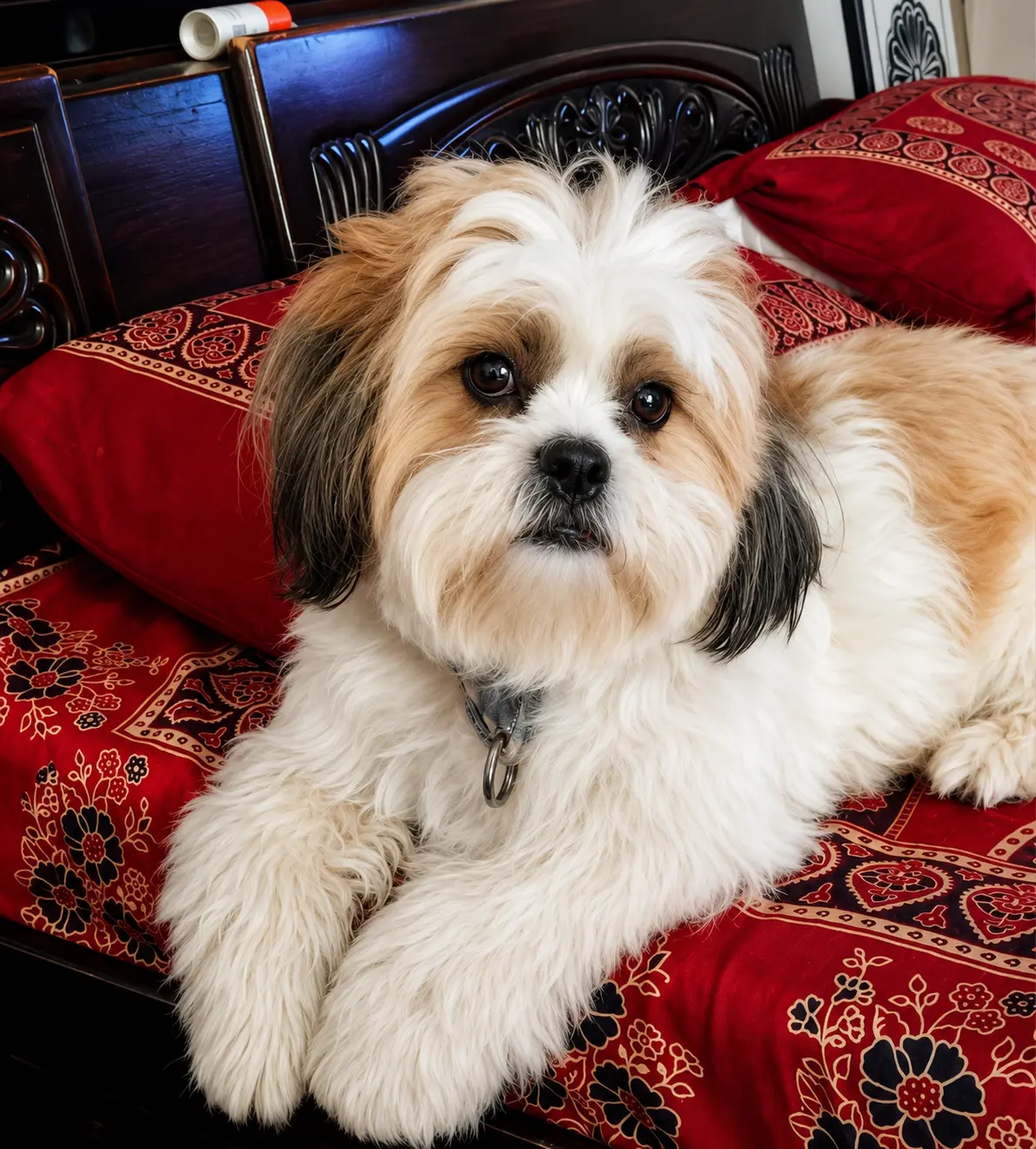Shih Tzu relaxing on a patterned bed throw